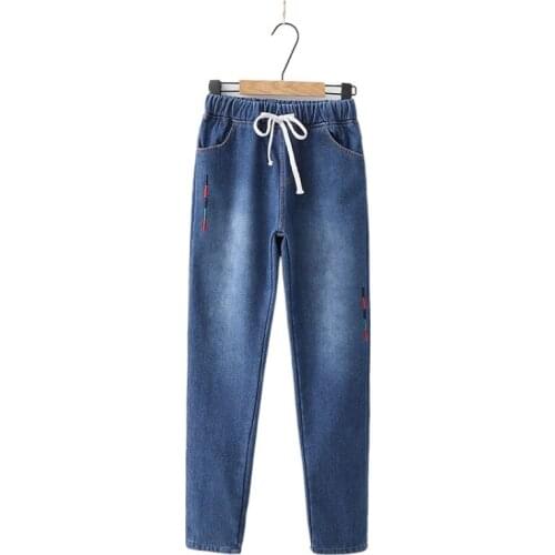 Women Jeans Pants Color Striped Embroidery Denim Jeans Autumn Winter Student Girl Casual Elastic Waist Straight Trousers 2011008