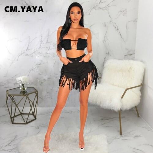 CM.YAYA Women Jeans Solid Tassel Mid Waist Zip Fly Pockets Stretchy Straight Denim Shorts Sexy Fashion Clubwear Summer Trousers
