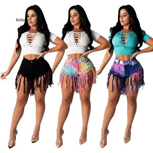 Women Tie Dye Print Tassel Mid Waist Sexy Ripped Jeans Shorts Fashion Summer Short Denim Trousers Pants
