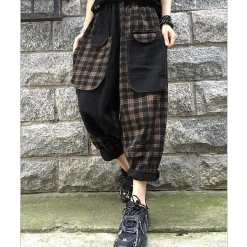 2021 Spring Autumn New Arts Style Women Elastic Waist Loose Vintage Plaid Jeans All-matched Casual Cotton Denim Harem Pants V421