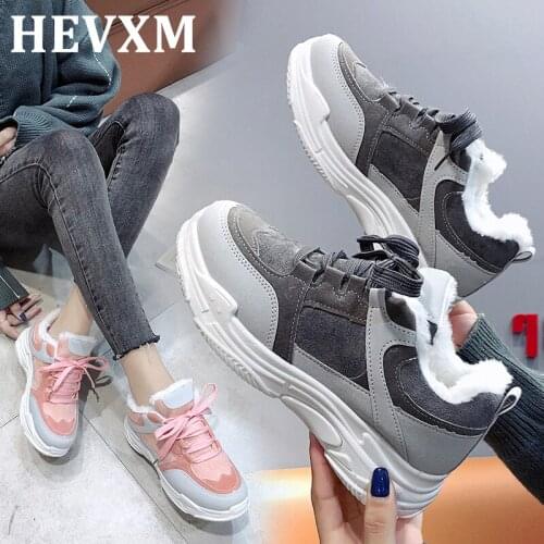 HEVXM Retro Womens Winter Sneakers Warm Fur Chunky Sneakers Platform Pink grey Plush Casual Shoes Woman Ladies Vintage Sneakers