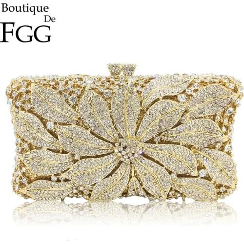 Boutique De FGG Elegant Women Crystal Clutch Evening Minaudiere Bags Metal Hard Case Wedding Bridal Flower Handbag Purse