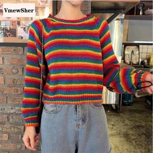 VmewSher New Colorful Autumn Pullovers Korean Loose Women Long Sleeve Sweater Preppy Style Rainbow Stripes Knitwear Sweater Tops