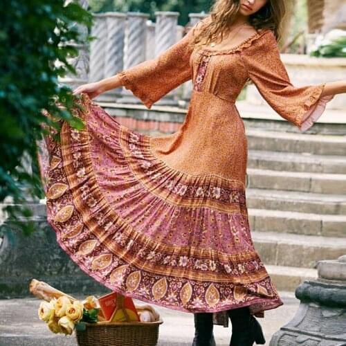 TEELYNN boho orange Floral Print Dress Women cotton rayon Vintage flare sleeve Maxi Dresses Casual Beach Long Autumn Vestidos