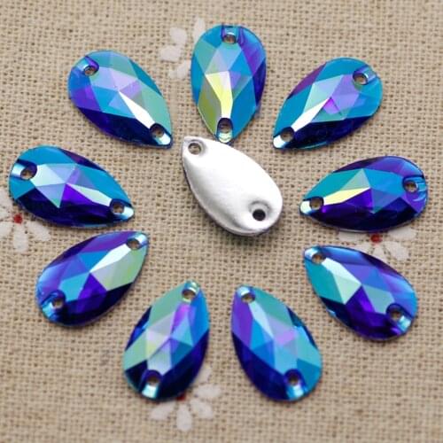 100pcs 10.5*18mm Sew on Rhinestones Blue AB Waterdrop Resin Flatback Droplet Sewing stones 2 holes For Dress Garment