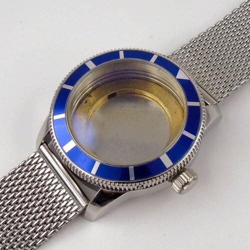 46MM Automatic Steel Watch Case fit ETA 2836 Mingzhu 2813 Rotating Bezel Mesh Strap