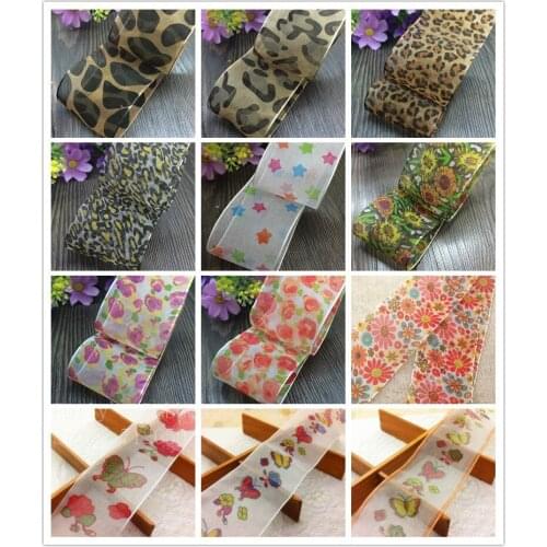 Free Shipping 10 yards 1-1/2'' (38mm) Leopard stars butterfly flowers Printed organza ribbon DIY bakery bowknot accessories