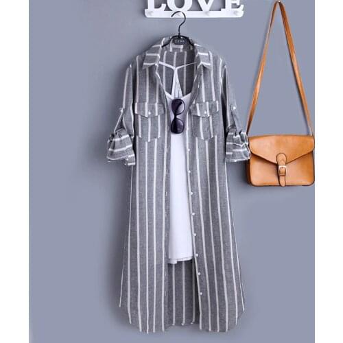 Korean cotton linen vertical stripes Long sleeve blouse women tops and blouses female haut femme blusa long shirt