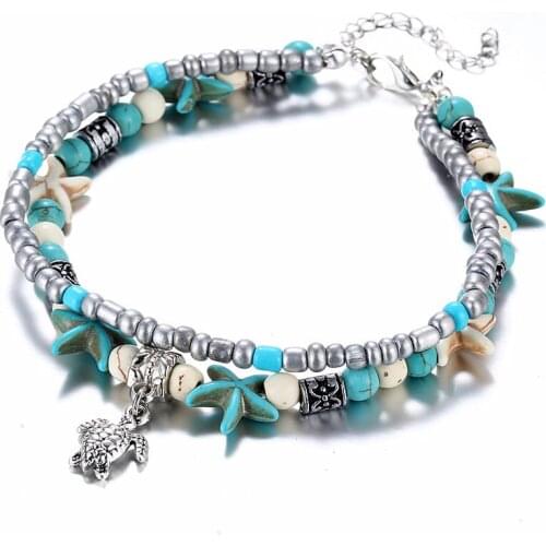 KSRA Bohemia Multiple Layers Starfish Sea Turtle Beads Anklets For Women Tortoise Boho Shell Chain Anklet Bracelet Beach Jewelry