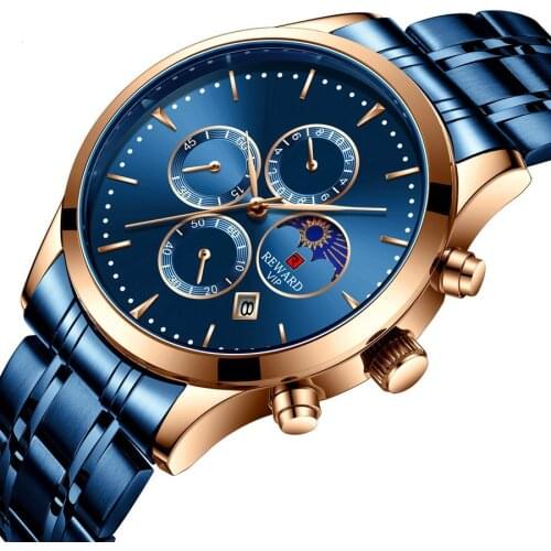 Gold Blue Luxury Watch Men Moon Phase Fashion Waterproof Steel Wrist Watch Mens Quartz Sports Watch Relogio Masculino