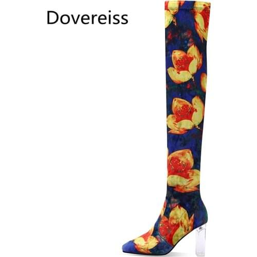 Dovereiss Fashion Womens Shoes Winter Sexy Elegant Flowers Pointed to Concise Block heels Mature Over the knee boots 33-40