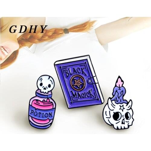 GDHY Purple Spell Book Death Potion Skull Candle Brooch Black Witch Enamel Brooch Pins Halloween Ghost Backpack Brooch Jewelry