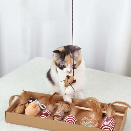 7Pcs/Set Cat Toys Wooden Stick Ball Feather Funny Cat Wand Simulation Mouse Pet Cat Toy Box Set Gift Pet Accessories