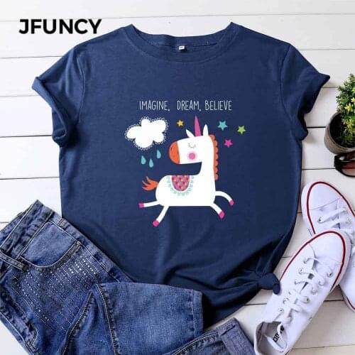 JFUNCY Women Summer Tops 100% Cotton Oversize Short Sleeve T-shirts Female Casual Tshirt Cartoon Cute Unicorn Print Lady Tees