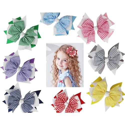 2pcs Plaid Bowknot 4INCH Back to School First Day Gingham Ribbon stacked bow Hair clip For Baby Girl Accessories Drop Shipping