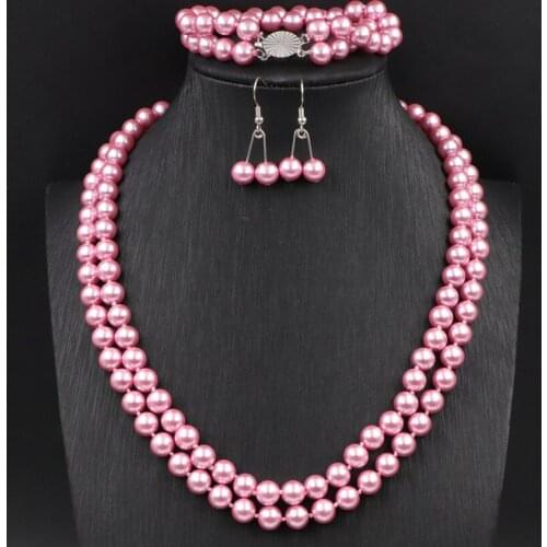 8mm Pink Glass Pearl Necklace Earrings Jewelry Set Bridal Temperament Women Chain Dangle Simulated Pearls Round Beads Sets A627
