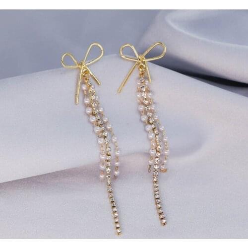 Korean Fashion Bow Pearl Long Tassel Earrings Exquisite Shining Womens Crystal Zircon Earrings Wedding Party Jewelry Gift