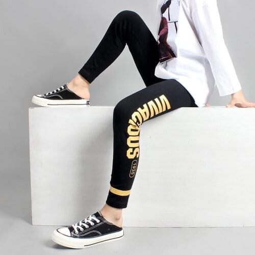 Girls Leggings 10 12 years Teenage Girls Cotton Pant Fashion Golden Print Black Kids Sport Trousers Spring Fall Students Bottoms