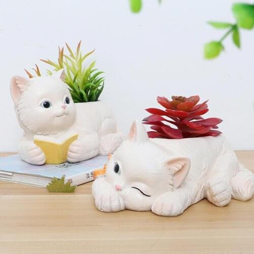 Cute Cat-shaped Flower Pot Lovely Kitten Resin Planter Decor Craft For Planting Succulents Mosses Green Plants