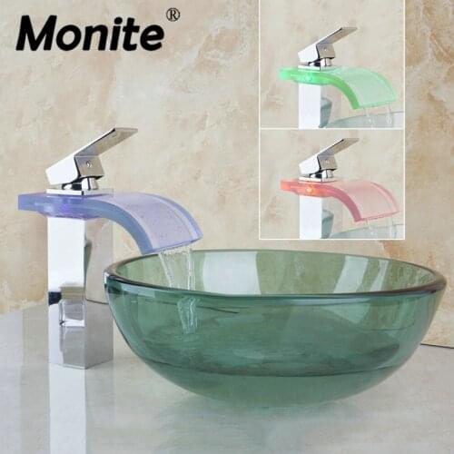 Monite Round Paint Bathroom Art Washbasin Tempered Glass Vessel Sink Waterfall Glass Brass LED Basin Sink Mixer Tap Faucet Set
