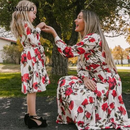 Yangelo French Retro Flower Dress Women Spring Autumn Street Fashion Parent-Child Dress Long Sleeve Belt Loose Plus Size Party