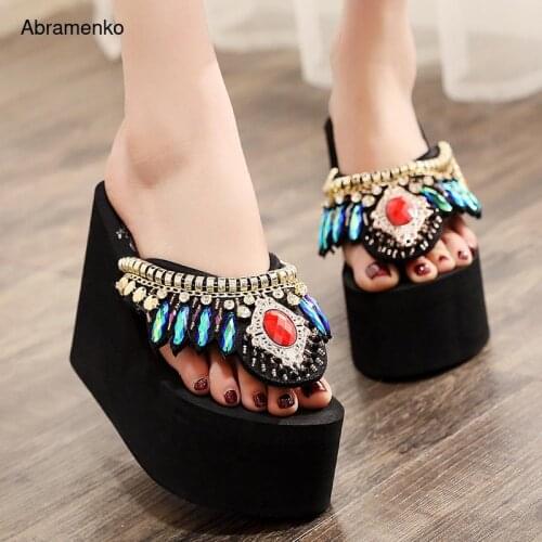 Platform Slippers Flip-Flops Women Wedge Rhinestone Beach Super High Heel 11CM Slippers For Women Bohemian Shoes Plus Size 35-41