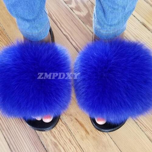 Fur Slides For Women Cute Fluffy Plush Fox Fur Slippers Rainbow Luxury Big Fuzzy Sandals Outdoor Beach Flip Flops Wholesale