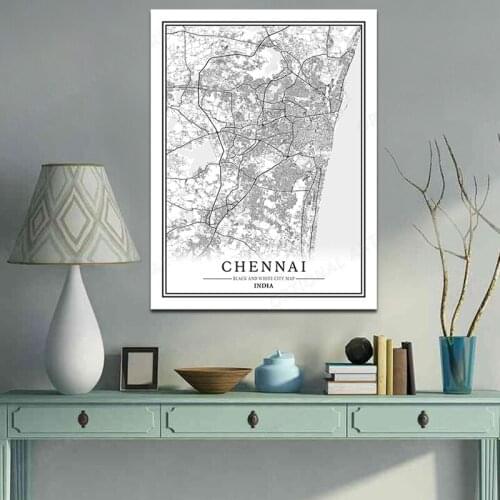 Modern CHENNAI Black and White City Map Travel Canvas Painting Poster Print Wall Art Pictures for Home Decor