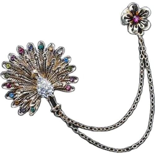 Retro Rhinestone Flower Proud Peacock Double Chain Tassels Brooch For Women Lable Broches Jewelry Accessory