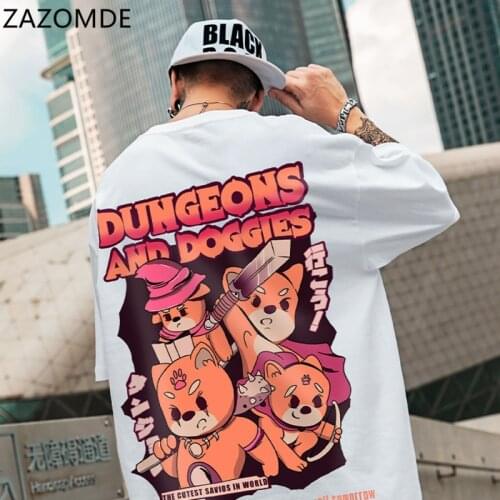 ZAZOMDE High Street Clothing Japan Anime Funny Man 2021 Summer New black White Casual Man Cool Akita Dog Manga Tshirt M~5XL