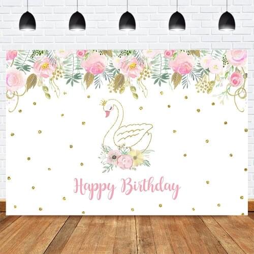 Swan Princess Birthday Party Backdrop Blush Floral Swan Girl Pink and Gold Watercolor Flower Decoration Photography Background