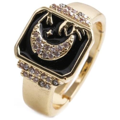 Vintage Star Moon Pattern Ring for Women Men Adjustable Opening Statement Punk Hip Hop Biker Finger Party Night Club Zircon Ring