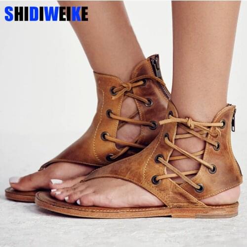 Women Sandals Vintage Summer Women Shoes Gladiator Sandals Flip-Flops For Women Beach Shoes Leather Flat Sandalias Mujer m908