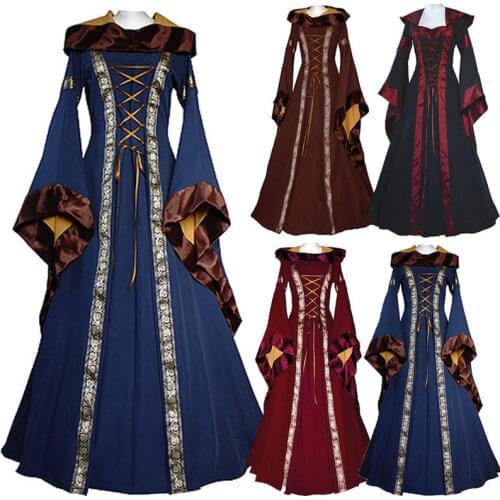 Adult Women Victorian Cosplay Dress Medieval Costume Hooded Gown Clothing Vintage Renaissance Outfit For Ladies Plus Size