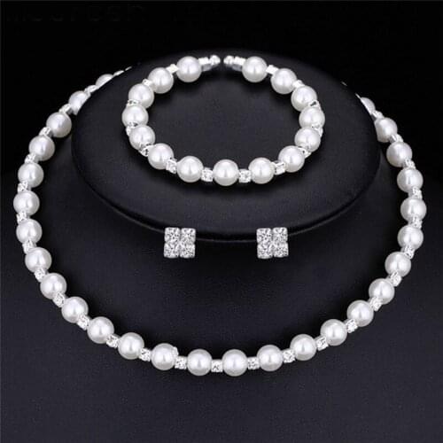 1 set Pearl Crystal Bridesmaid Wedding Jewellery Set Necklace Bracelet Earrings