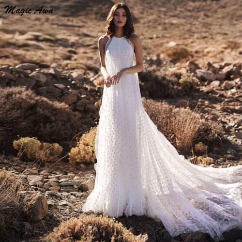 Magic Awn 2021 Boho Wedding Dresses Spot Tulle Illusion Princess Beach Bridal Gowns Simple Sweep Train Customized Abito Da Sposa