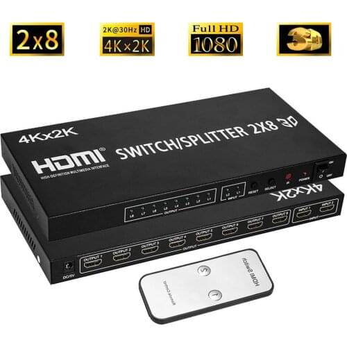 4K HDMI Swithcher Splitter 2X8 HDMi 2 in 8 out splitter Switch HDMI 1.4V connects up to 8 HDTVS for LED TV monitor computer ps4