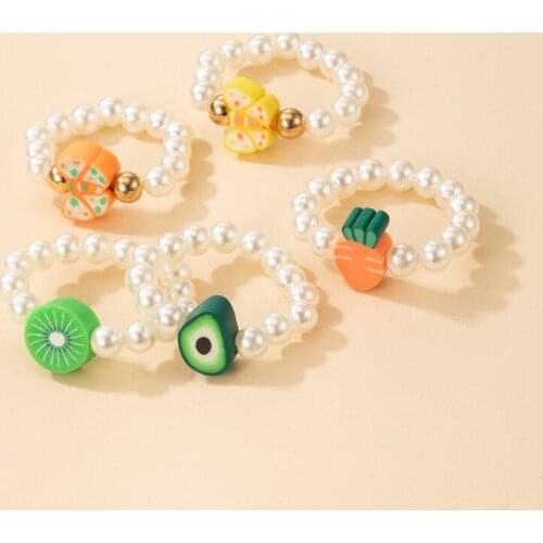5pcs Pearl Flower Elastic Ring Fruit Candy Color Kiwi Butterfly Finger Ring Women Gift Romantic Accessories
