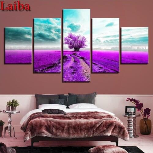 5 Pieces Purple Lavender Tree 5D DIY Diamond painting Full square round drill natural life tree Diamond embroidery mosaic decor