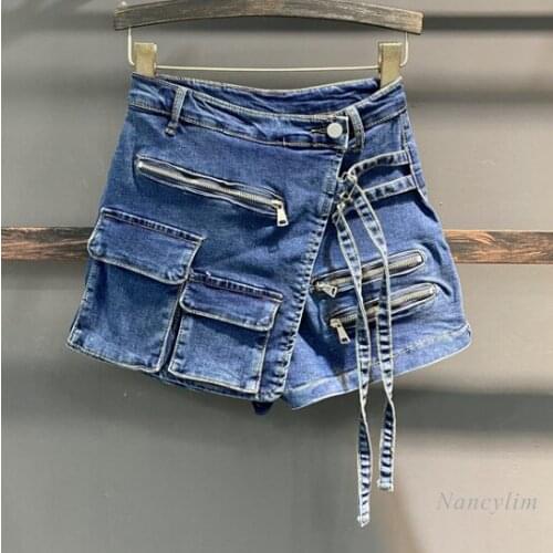 Korean Style Irregular Multi-Pocket Workwear A- line Shorts Womens Loose Wide Leg Pants 2021 Summer Base Denim Skirted Leggings