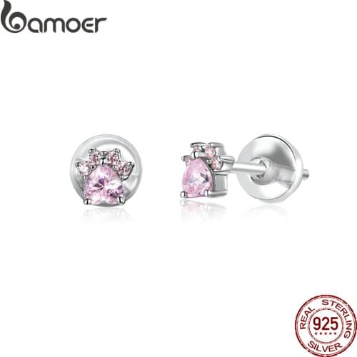 BAMOER Sterling Silver 925 Jewelry Pink CZ Cat Paw Stud Earrings for Women Cute Anti-allergy Ear Studs for Girl Kids SCE781