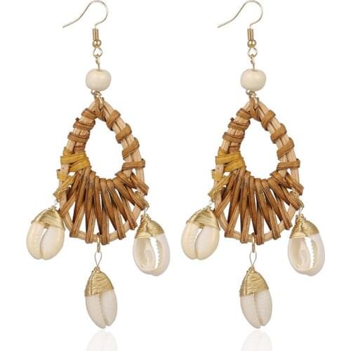 Bohemia Bamboo Rattan Knit Shell Long Dangling Earrings for Women Vintage Handmade Woven Heart Statement Geometric Drop Earrings