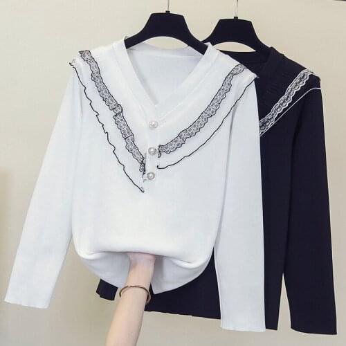 Black White Stitch Lace Plus Large Size Oversize Korean Style Fashion Pullovers For WomenS Ladies Sweater 2021 Clothes Tops
