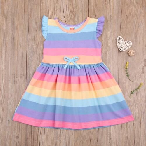 Kids Girls Fashion Fly Sleeve Rainbow Striped Dress Stylish Angel Wings Dress for Children Girls