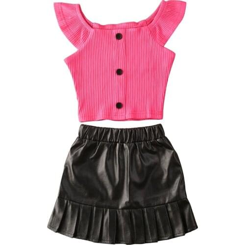 Kids Girls 2-piece Set Fly Sleeve Buttons Decoration Top and Solid Color Skirt Set