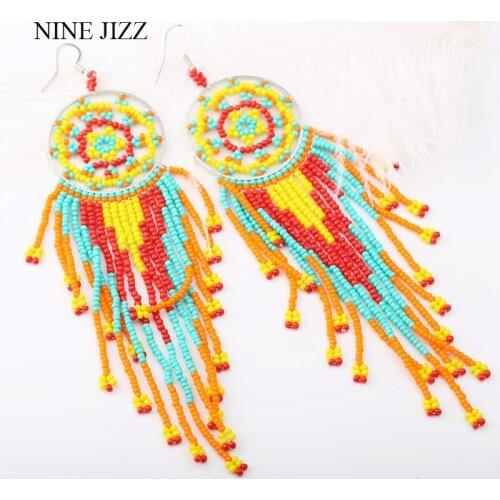NINEJIZZ Long Tassel Earrings Handmade Beaded Earrings For Women Hollow Out Vintage Leaf Feather Dangle Earrings Girl Jewely