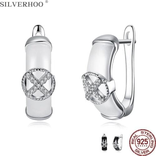SILVERHOO 925 Sterling Silver Round Cross 5A Cubic Zirconia Clip Earrings For Women 2 Colors Ceramics Earring Trendy Jewelry