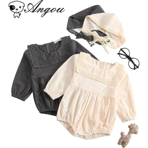 Angou Spring&Autumn Baby Girls Outfit Rompers+Hat 2PCS Long Sleeves Sweet Pure Color Jumpsuits Toddler Baby Costume 0-3Yrs
