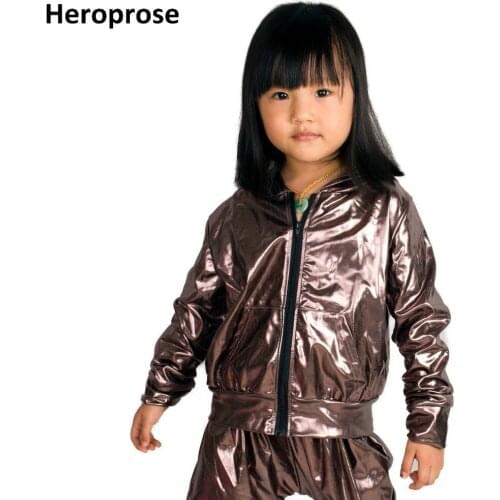 Heroprose Fashion Spring Autumn Kid bomber Jacket Stage Performance Wear paillette feminina casaco Tin-grey Hip Hop dance coat