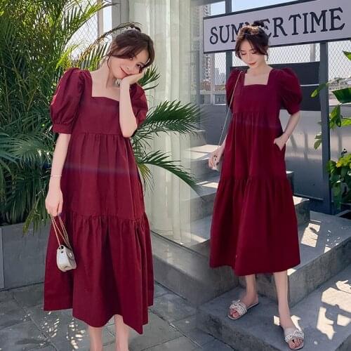 9020# Maternity Dress Summer Cotton square Collar Plain Color Short Sleeves Loose Stylish Dress Pregnant Women Mom Dress